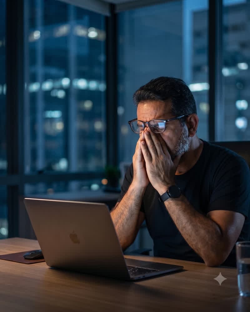 Gestor cansado, com a mão no rosto, encarando o laptop