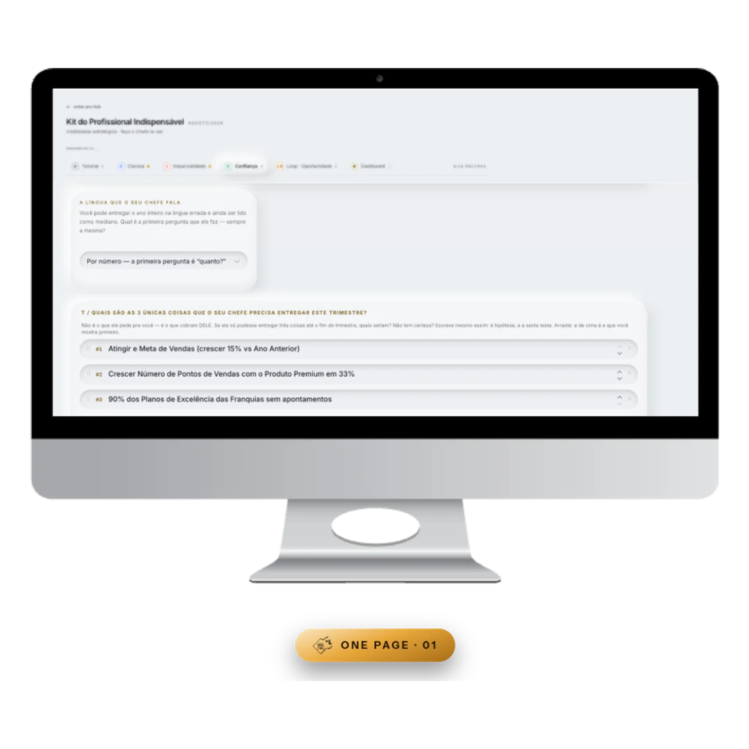 Monitor mostrando a folha com as três metas do trimestre já preenchidas dentro do app