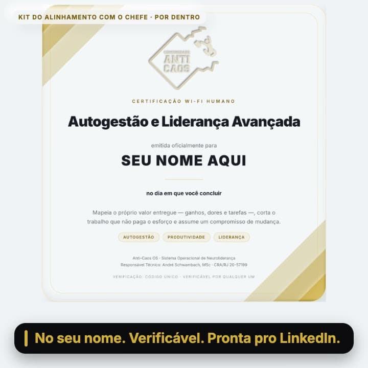 Demonstração do Kit do Alinhamento com o Chefe por dentro: você escreve a dor, cria o entregável, encaixa na dor, joga o que não resolve na Guilhotina, sai a folha, conclui o Kit e recebe a credencial no seu nome.